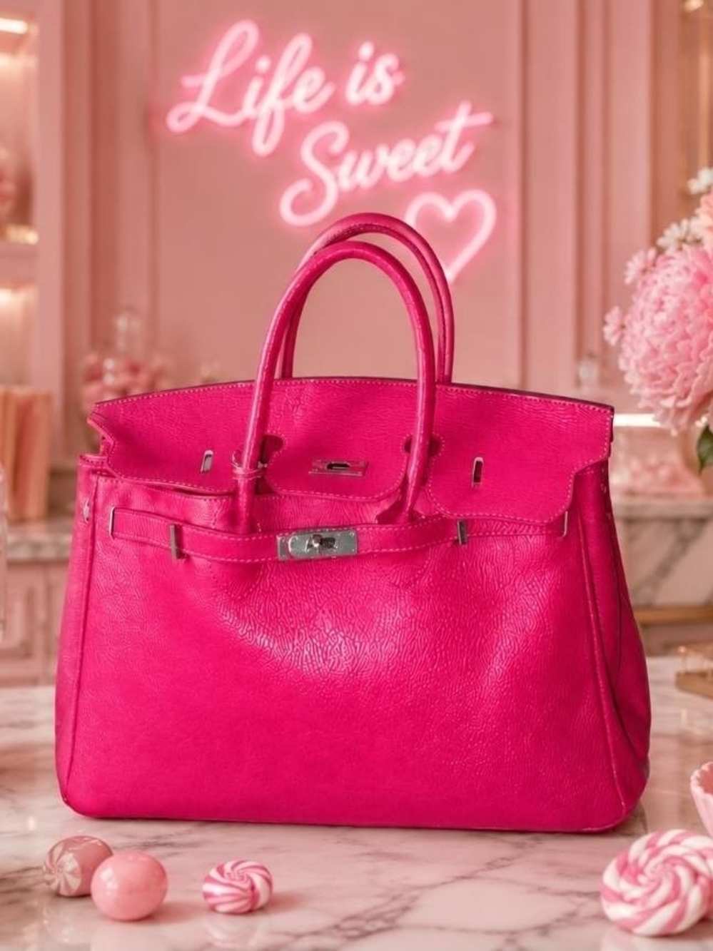Hot Pink Structured Tote Bag for Women. Genuine Leather